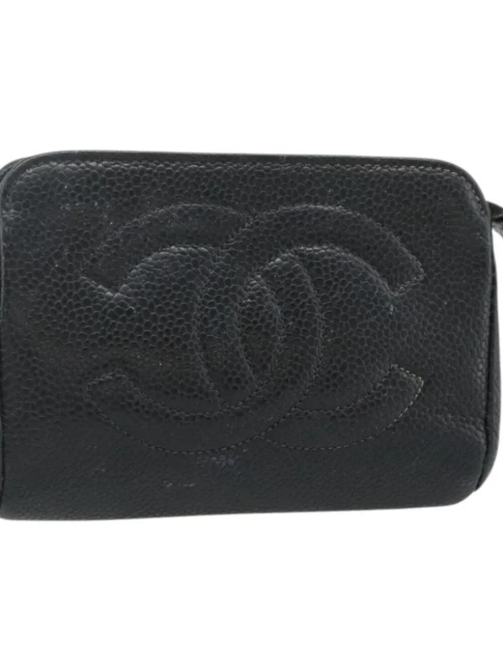 CHANEL Coin Purse Grained Calf Skin Black Gold CC Auth bs34754